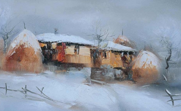 картина на българско село през зимата на бележитият художник - Павел Митков